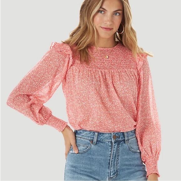 Billabong x Wrangler Shirt Womens Smocked Floral Peasant‎ Top Size Large - Picture 1 of 9